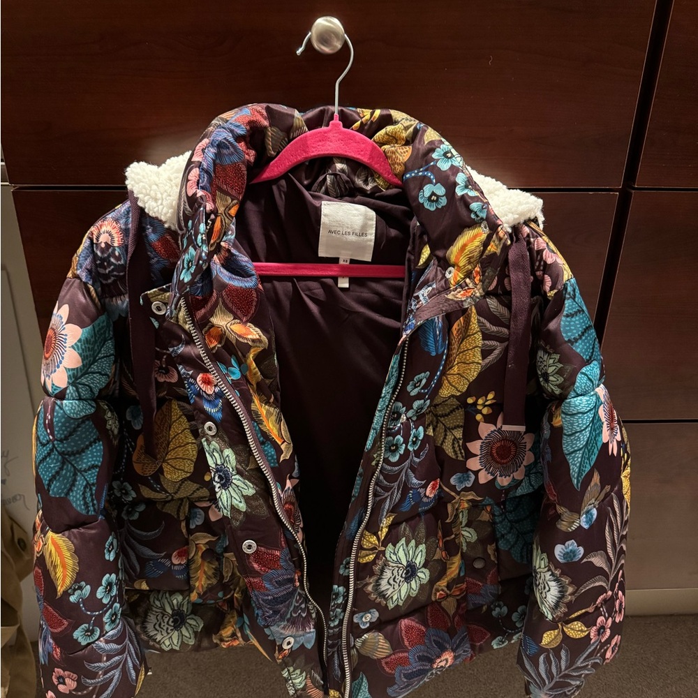 Avec Les Filles Floral Jacket with Fur Hood